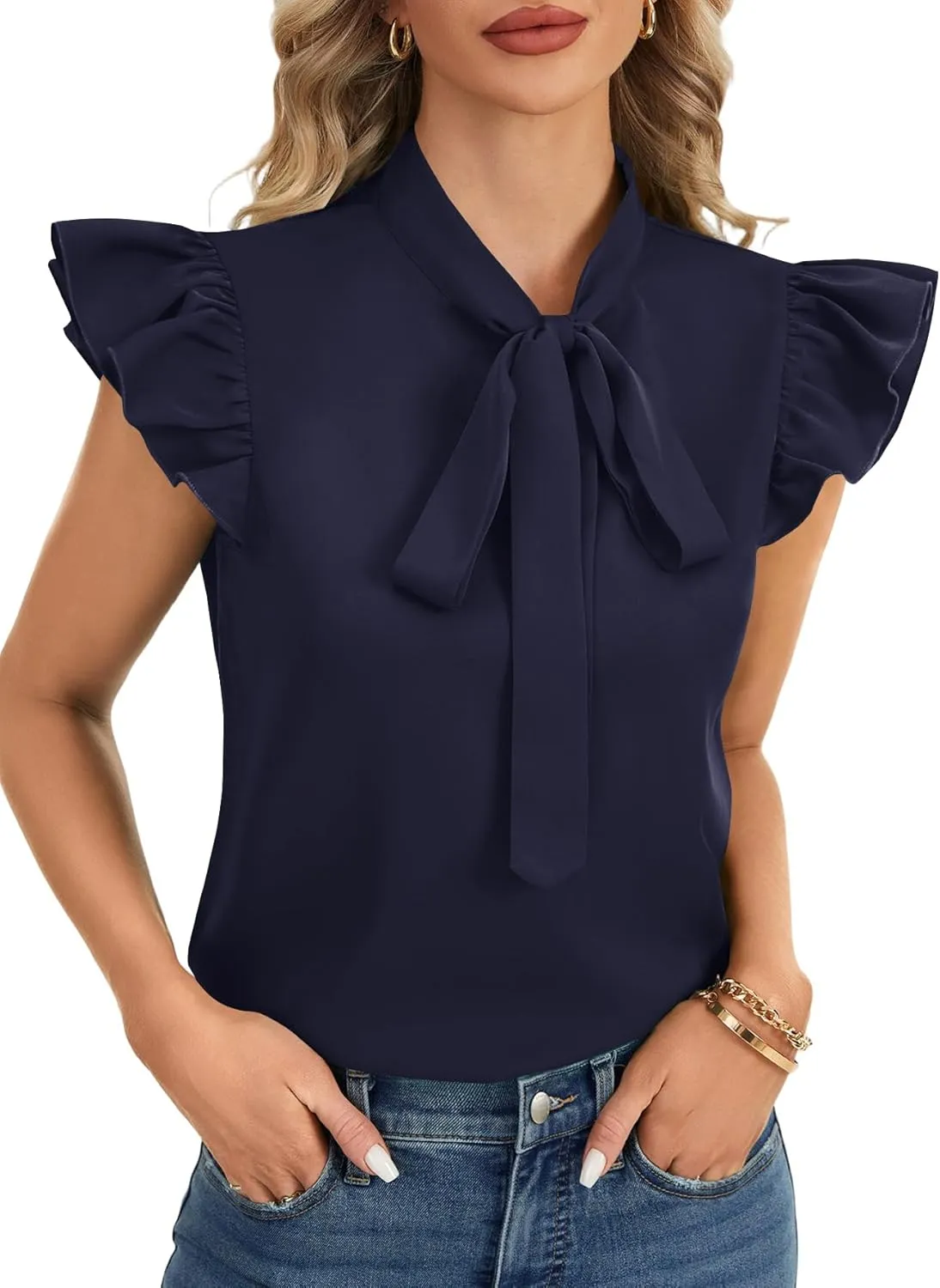 Rooscier Women's Bow Tie Neck Ruffle Cap Sleeve Elegant Office Blouse Shirt Tops