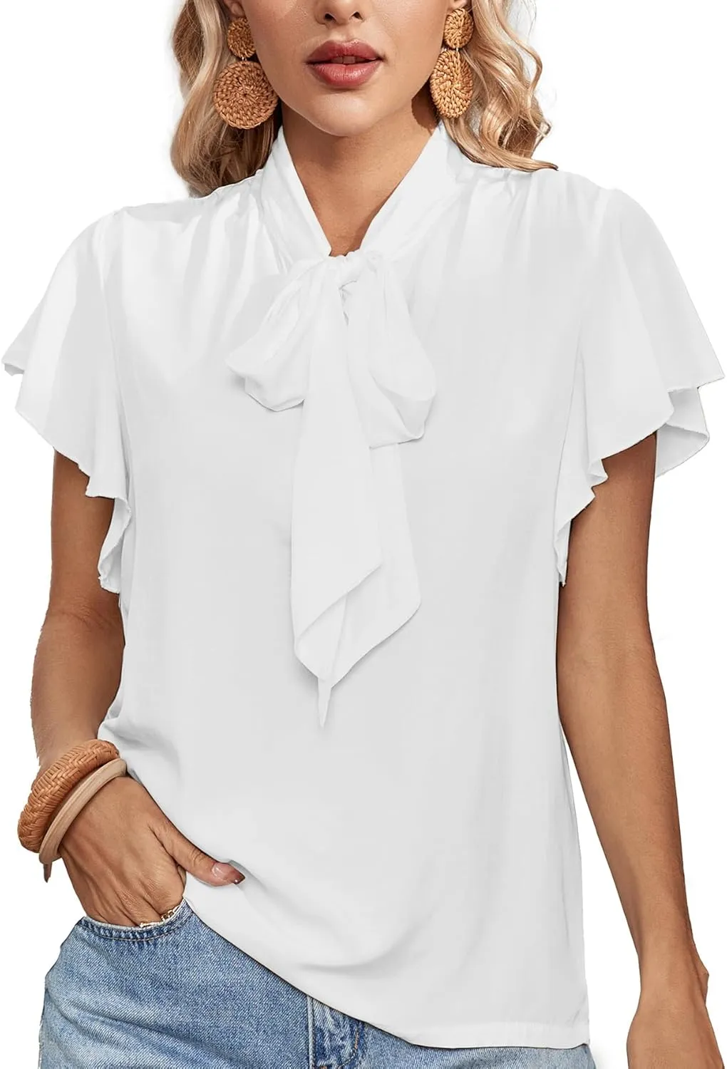 Rooscier Women's Bow Tie Neck Ruffle Short Sleeve Vintage Retro Work Blouse Top