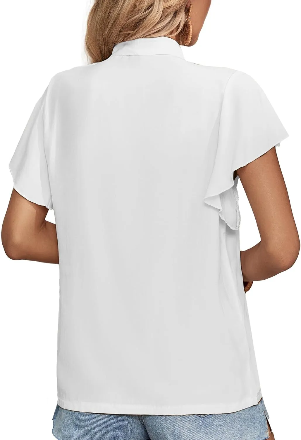 Rooscier Women's Bow Tie Neck Ruffle Short Sleeve Vintage Retro Work Blouse Top