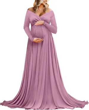 Saslax Maternity Off Shoulders Half Circle Gown for Baby Shower Photo Props Dress
