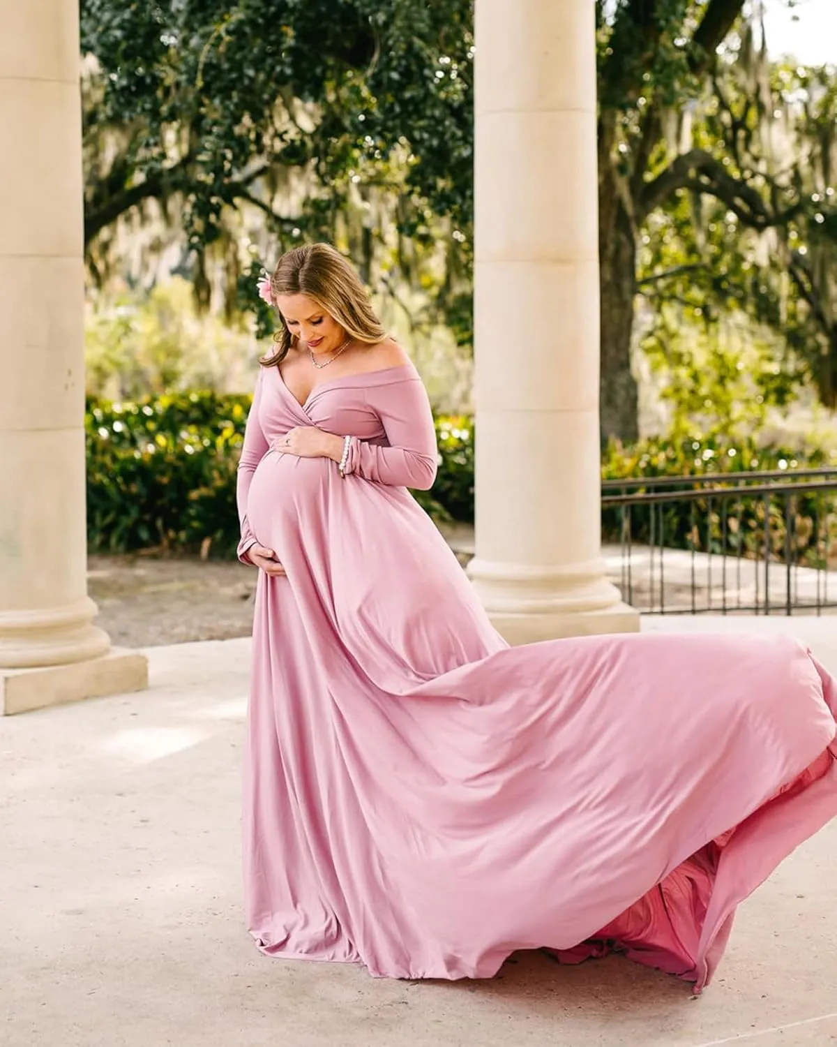 Saslax Maternity Off Shoulders Half Circle Gown for Baby Shower Photo Props Dress