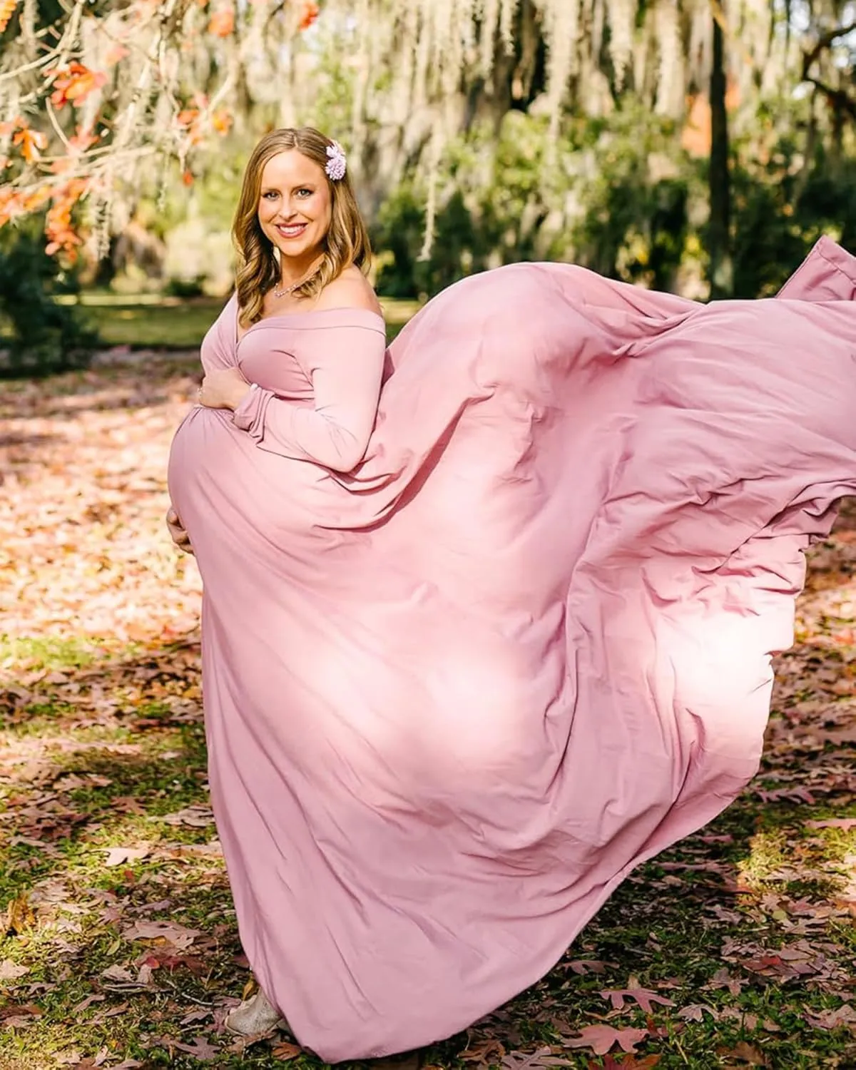 Saslax Maternity Off Shoulders Half Circle Gown for Baby Shower Photo Props Dress