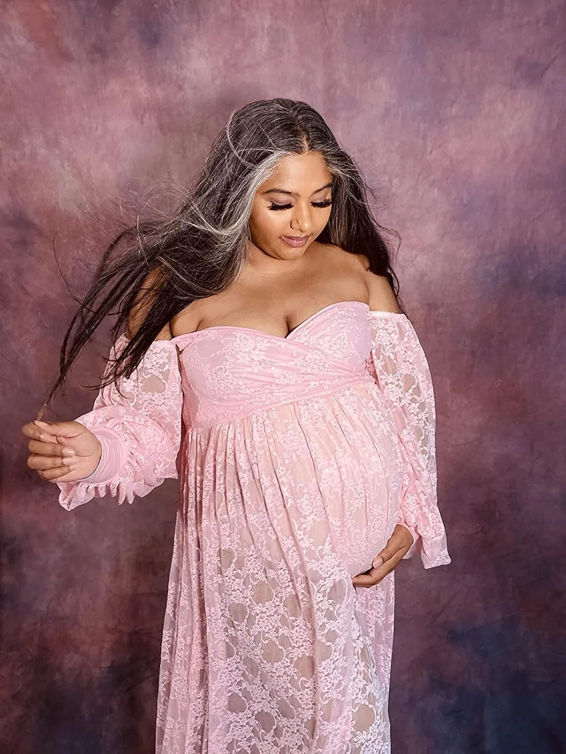 Saslax Soft Stretchy Lace Off Shoulder Doubly Split A-line Skirt Maternity Dress Pregnancy Maxi Gown for Photoshoot