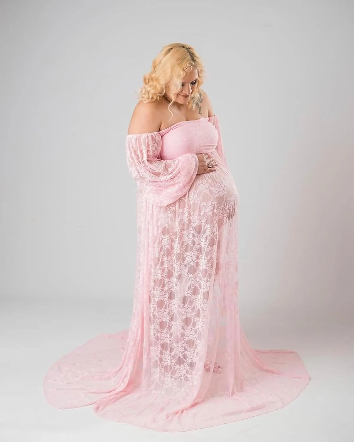 Saslax Soft Stretchy Lace Off Shoulder Doubly Split A-line Skirt Maternity Dress Pregnancy Maxi Gown for Photoshoot