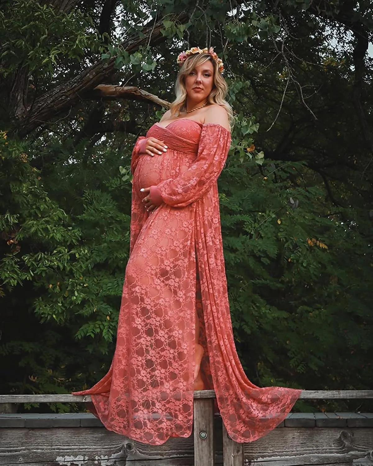 Saslax Soft Stretchy Lace Off Shoulder Doubly Split A-line Skirt Maternity Dress Pregnancy Maxi Gown for Photoshoot