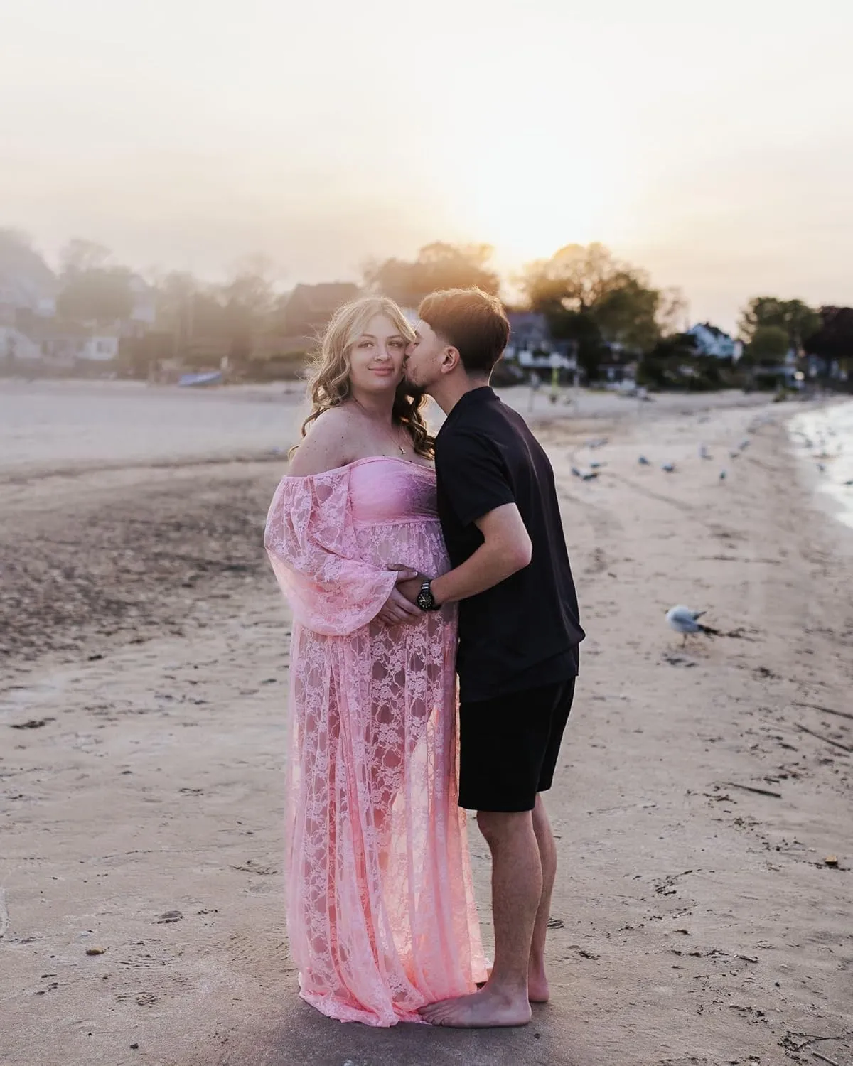 Saslax Soft Stretchy Lace Off Shoulder Doubly Split A-line Skirt Maternity Dress Pregnancy Maxi Gown for Photoshoot