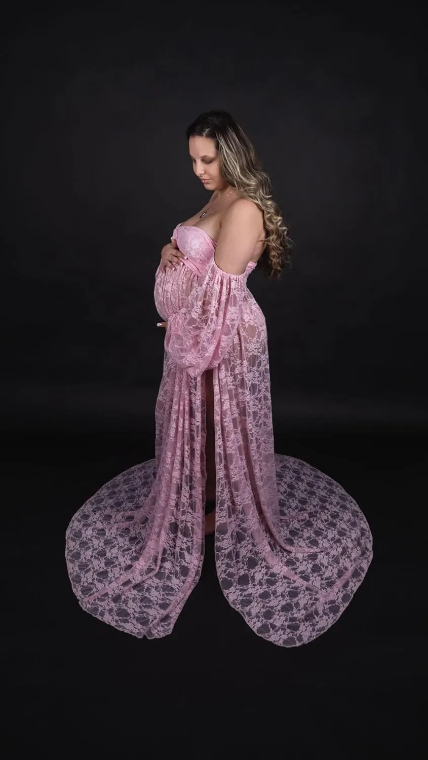 Saslax Soft Stretchy Lace Off Shoulder Doubly Split A-line Skirt Maternity Dress Pregnancy Maxi Gown for Photoshoot