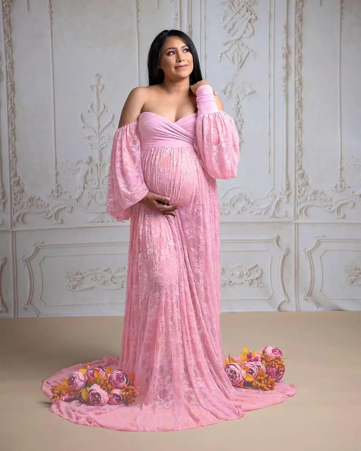 Saslax Soft Stretchy Lace Off Shoulder Doubly Split A-line Skirt Maternity Dress Pregnancy Maxi Gown for Photoshoot