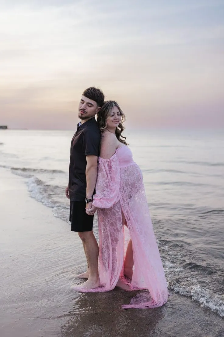 Saslax Soft Stretchy Lace Off Shoulder Doubly Split A-line Skirt Maternity Dress Pregnancy Maxi Gown for Photoshoot