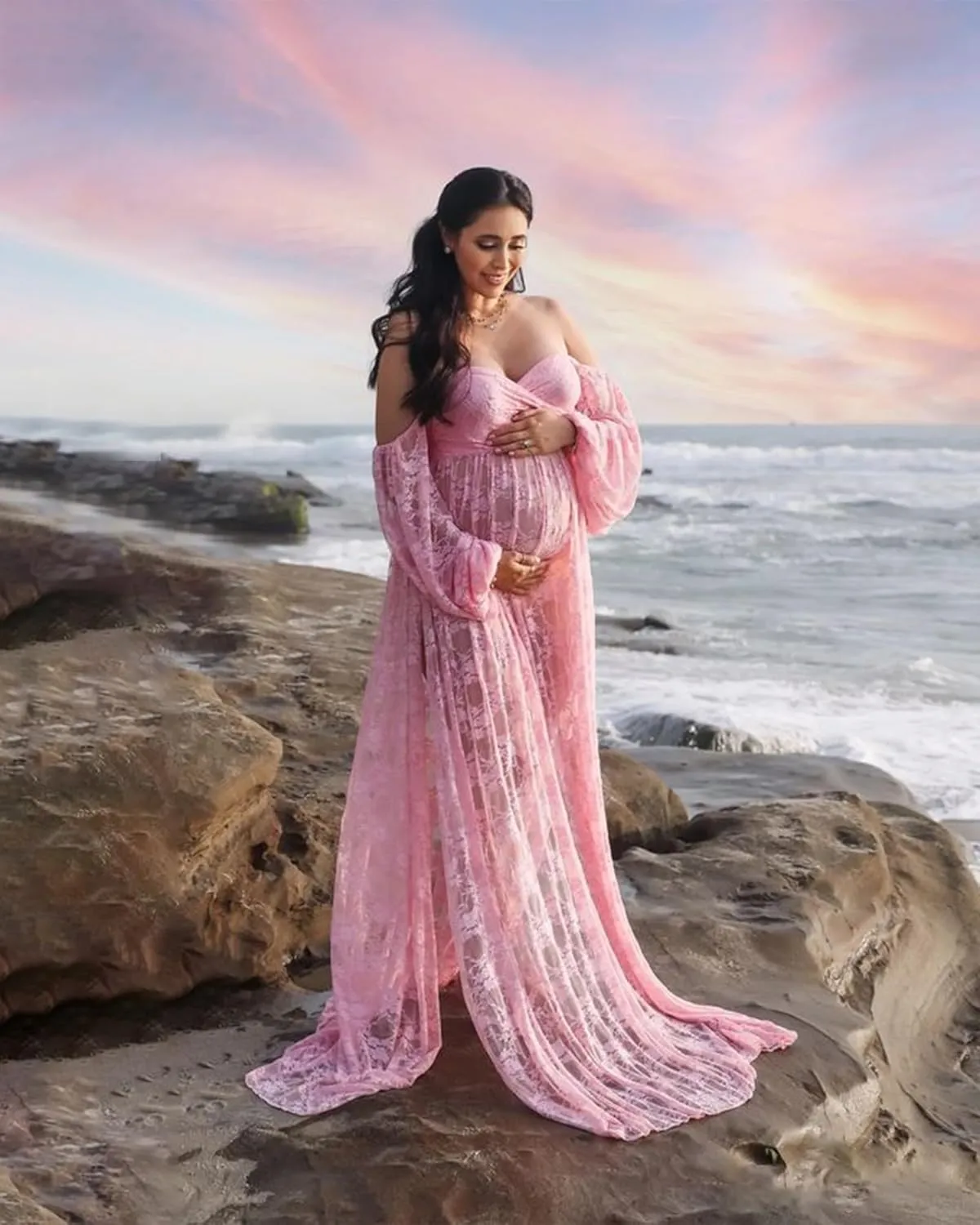 Saslax Soft Stretchy Lace Off Shoulder Doubly Split A-line Skirt Maternity Dress Pregnancy Maxi Gown for Photoshoot