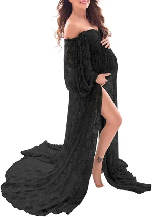 Saslax Soft Stretchy Lace Off Shoulder Doubly Split A-line Skirt Maternity Dress Pregnancy Maxi Gown for Photoshoot