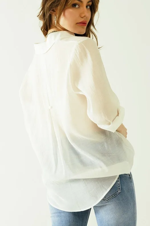 Semi Sheer Tencel Shirt With Chest Pocket In White