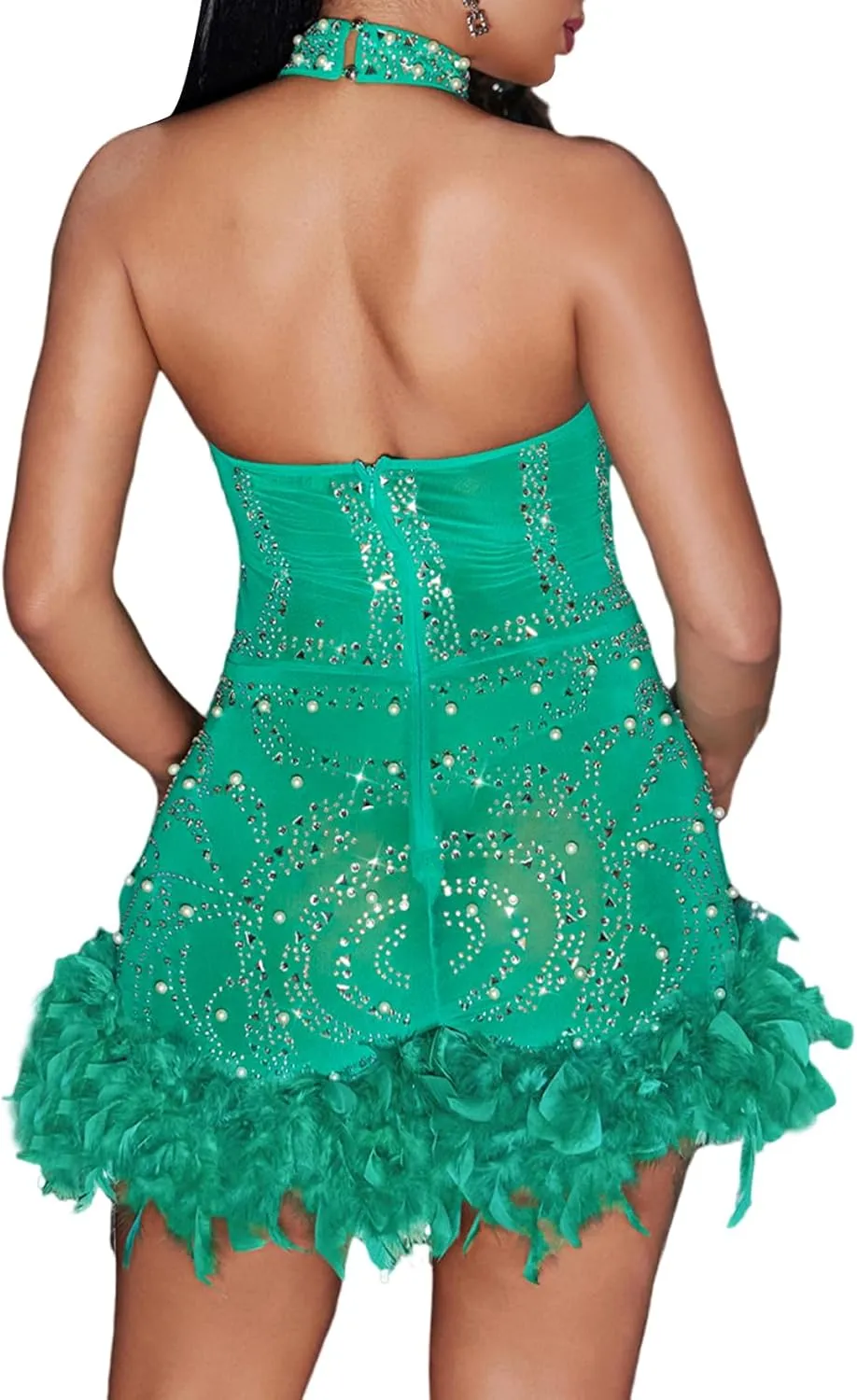 Sexy Feather Rhinestone Backless Mesh Sheer Burlesque Outfit Nightout Clubwear Birthday Party Dress