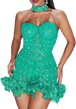Sexy Feather Rhinestone Backless Mesh Sheer Burlesque Outfit Nightout Clubwear Birthday Party Dress