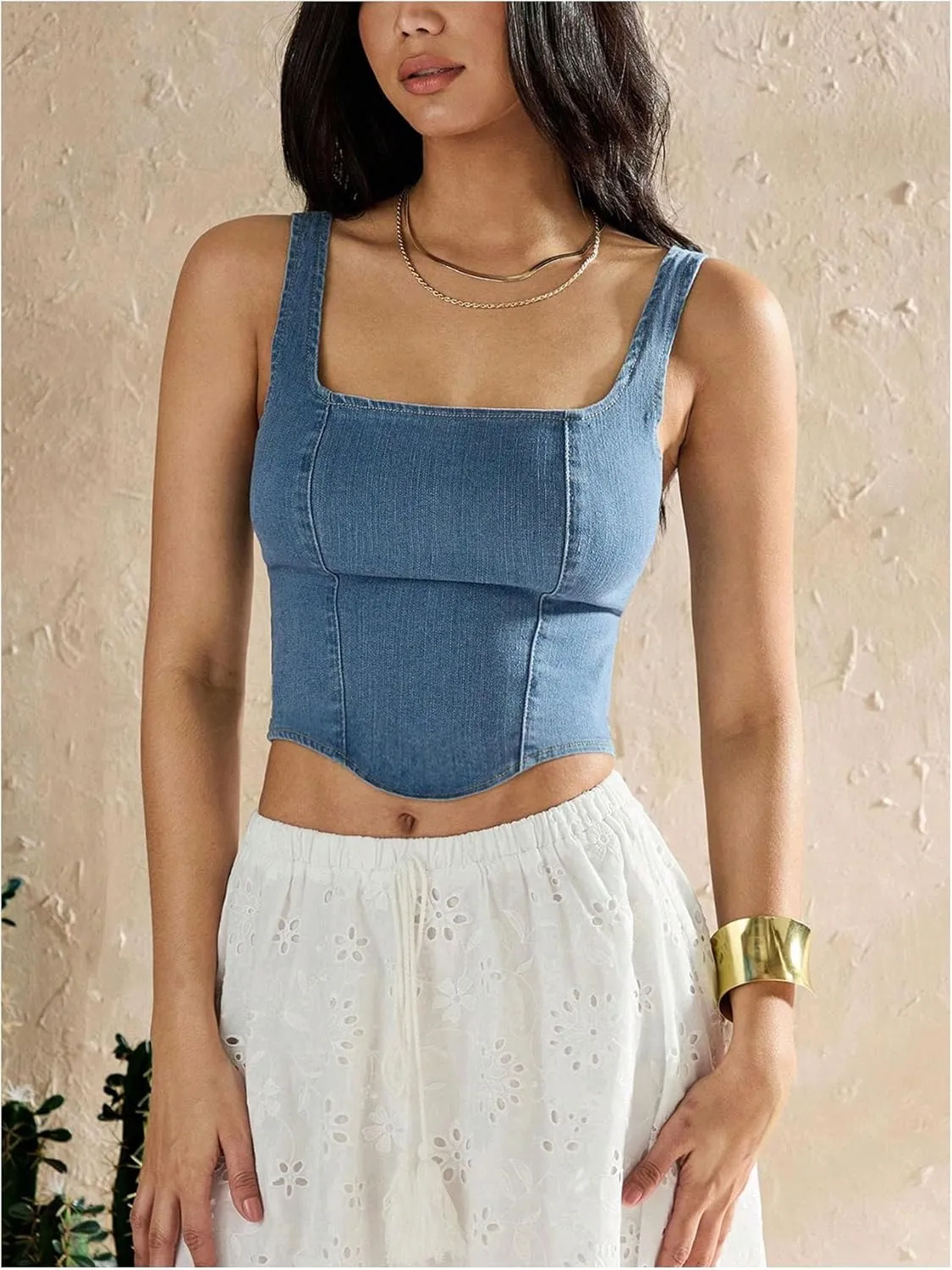 SHENHE Women's Denim Tank Top Sleeveless Square Neck Backless Slim Fit Y2k Crop Top