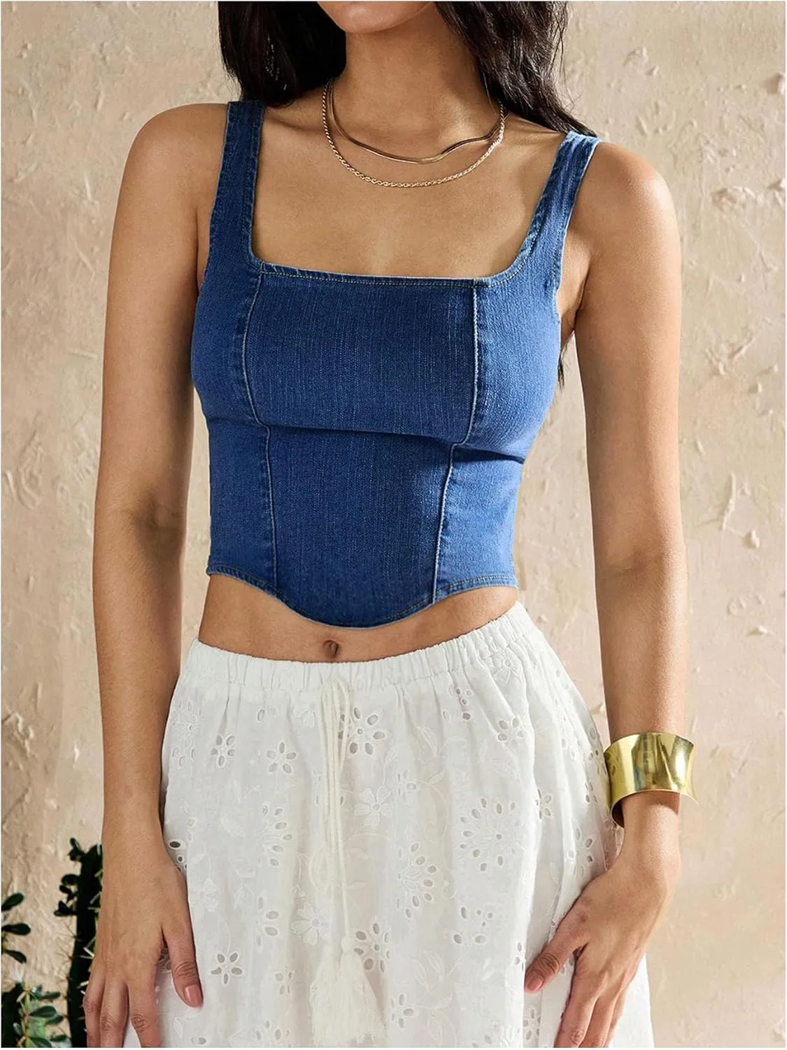 SHENHE Women's Denim Tank Top Sleeveless Square Neck Backless Slim Fit Y2k Crop Top