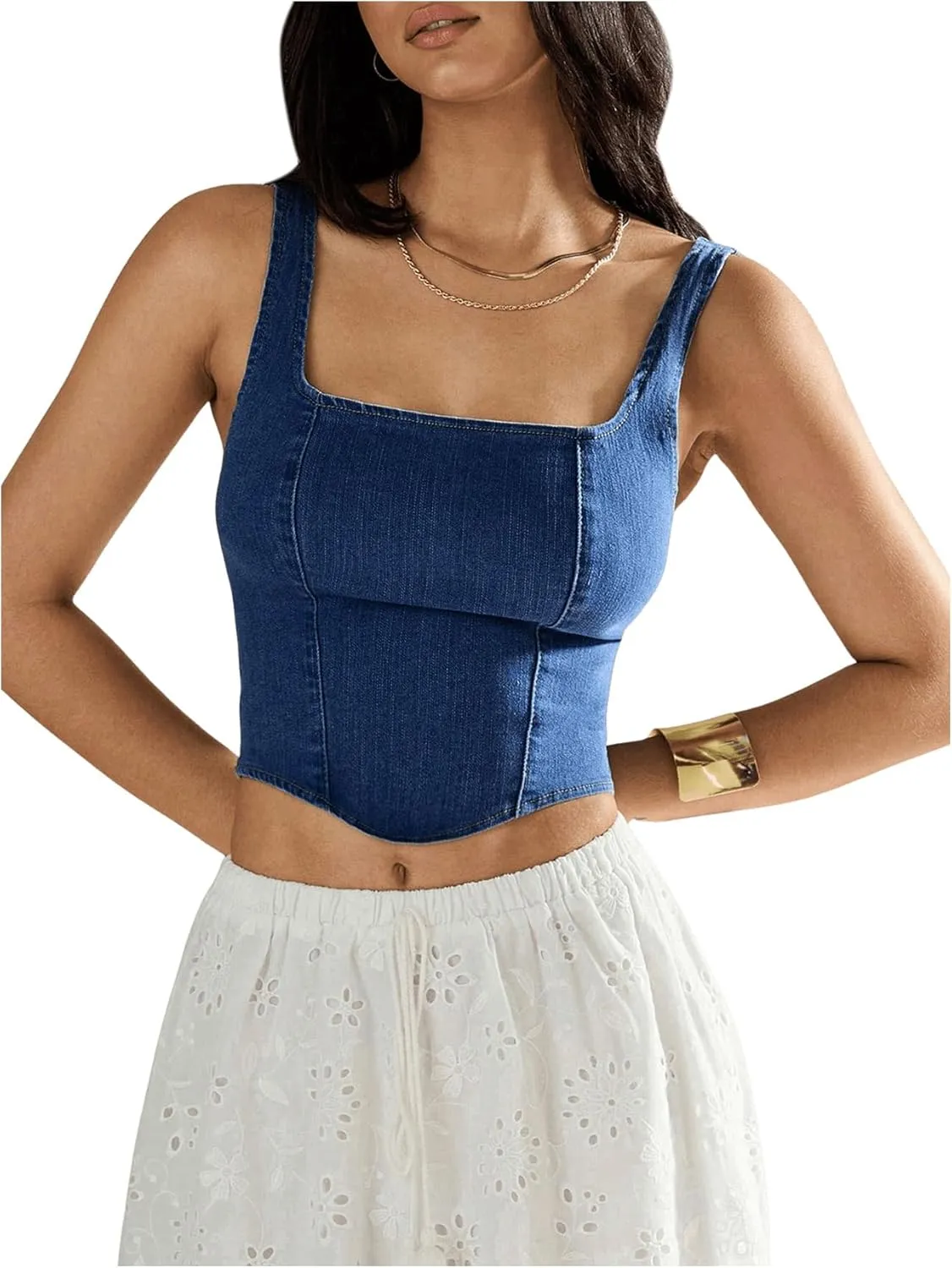 SHENHE Women's Denim Tank Top Sleeveless Square Neck Backless Slim Fit Y2k Crop Top