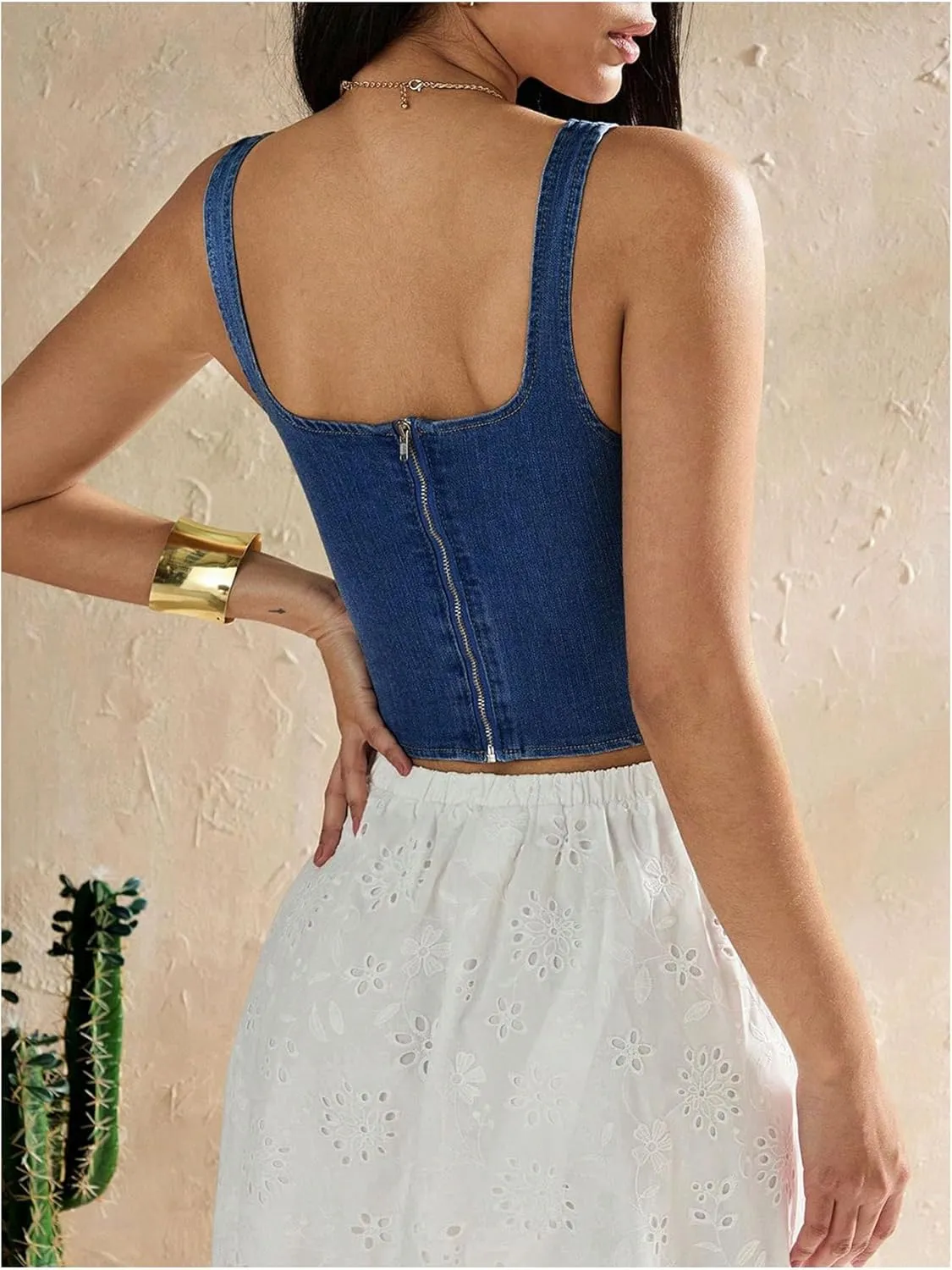 SHENHE Women's Denim Tank Top Sleeveless Square Neck Backless Slim Fit Y2k Crop Top