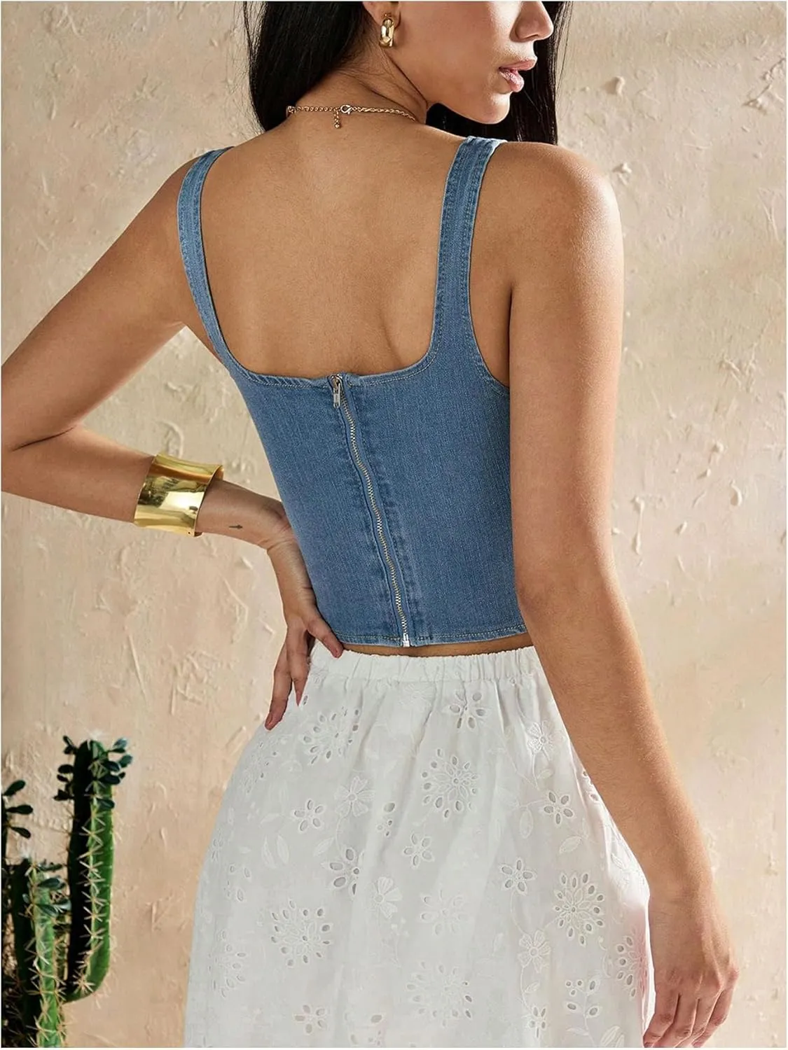 SHENHE Women's Denim Tank Top Sleeveless Square Neck Backless Slim Fit Y2k Crop Top