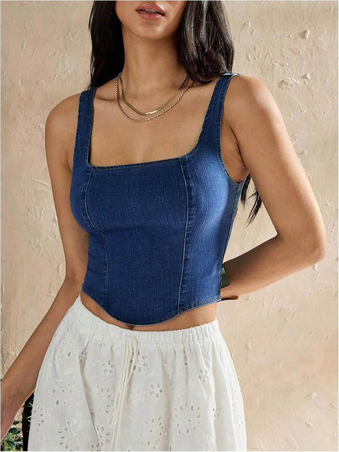 SHENHE Women's Denim Tank Top Sleeveless Square Neck Backless Slim Fit Y2k Crop Top