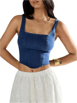 SHENHE Women's Denim Tank Top Sleeveless Square Neck Backless Slim Fit Y2k Crop Top