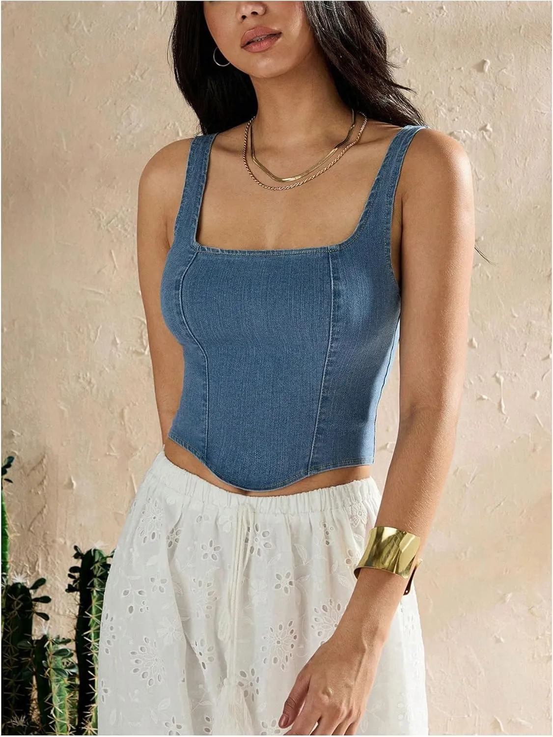 SHENHE Women's Denim Tank Top Sleeveless Square Neck Backless Slim Fit Y2k Crop Top