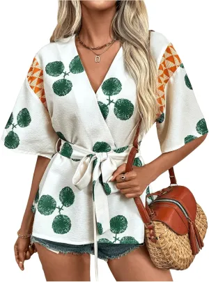 SHENHE Women's Wrap Blouse Short Sleeve V Neck Belted Summer Boho Blouse Top Shirt