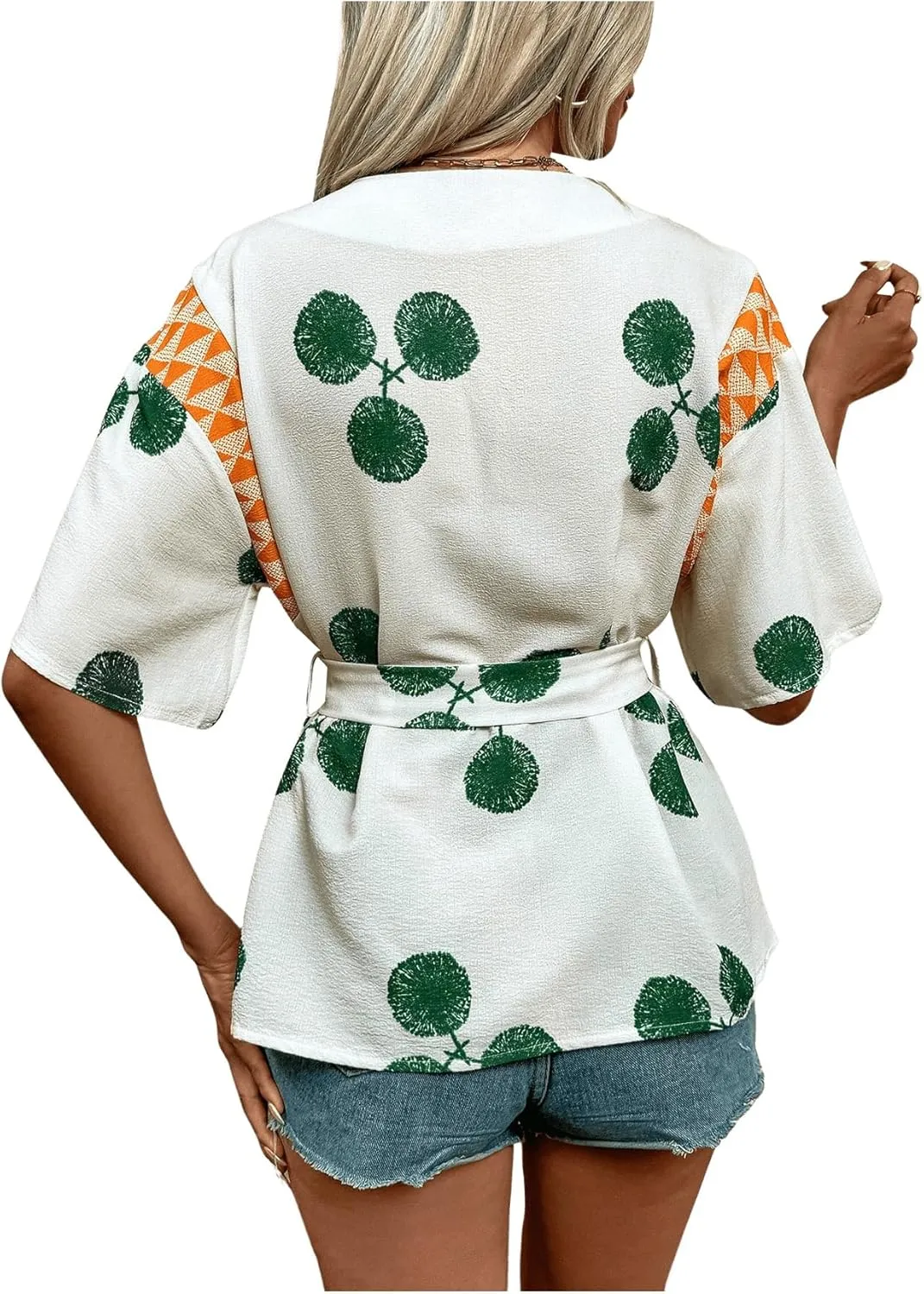 SHENHE Women's Wrap Blouse Short Sleeve V Neck Belted Summer Boho Blouse Top Shirt