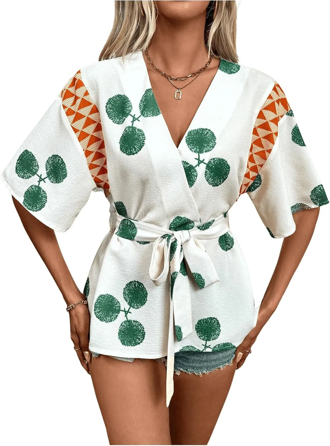 SHENHE Women's Wrap Blouse Short Sleeve V Neck Belted Summer Boho Blouse Top Shirt
