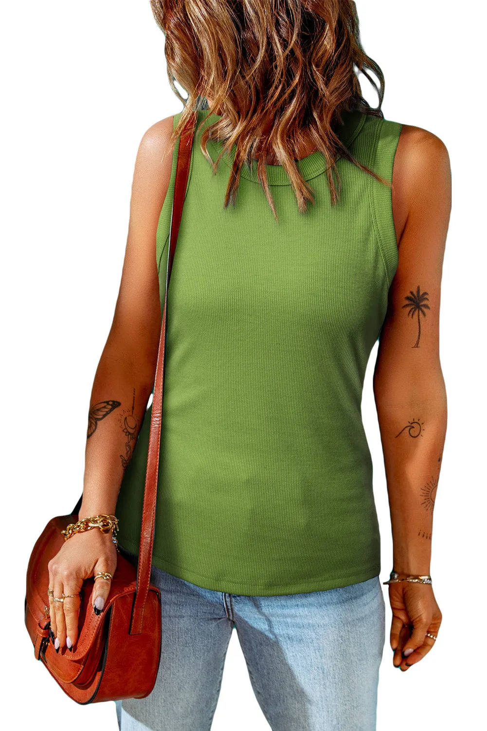 Solid White/Black/Gray/Khaki Round Neck Ribbed Tank Top