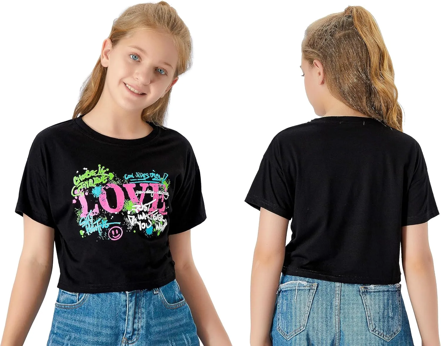 Stylish Graffiti/Butterfly Graphic Crop Top for Girls -Cool Summer T-Shirt Soft Colorful 2-Pack Tees Size 6-18