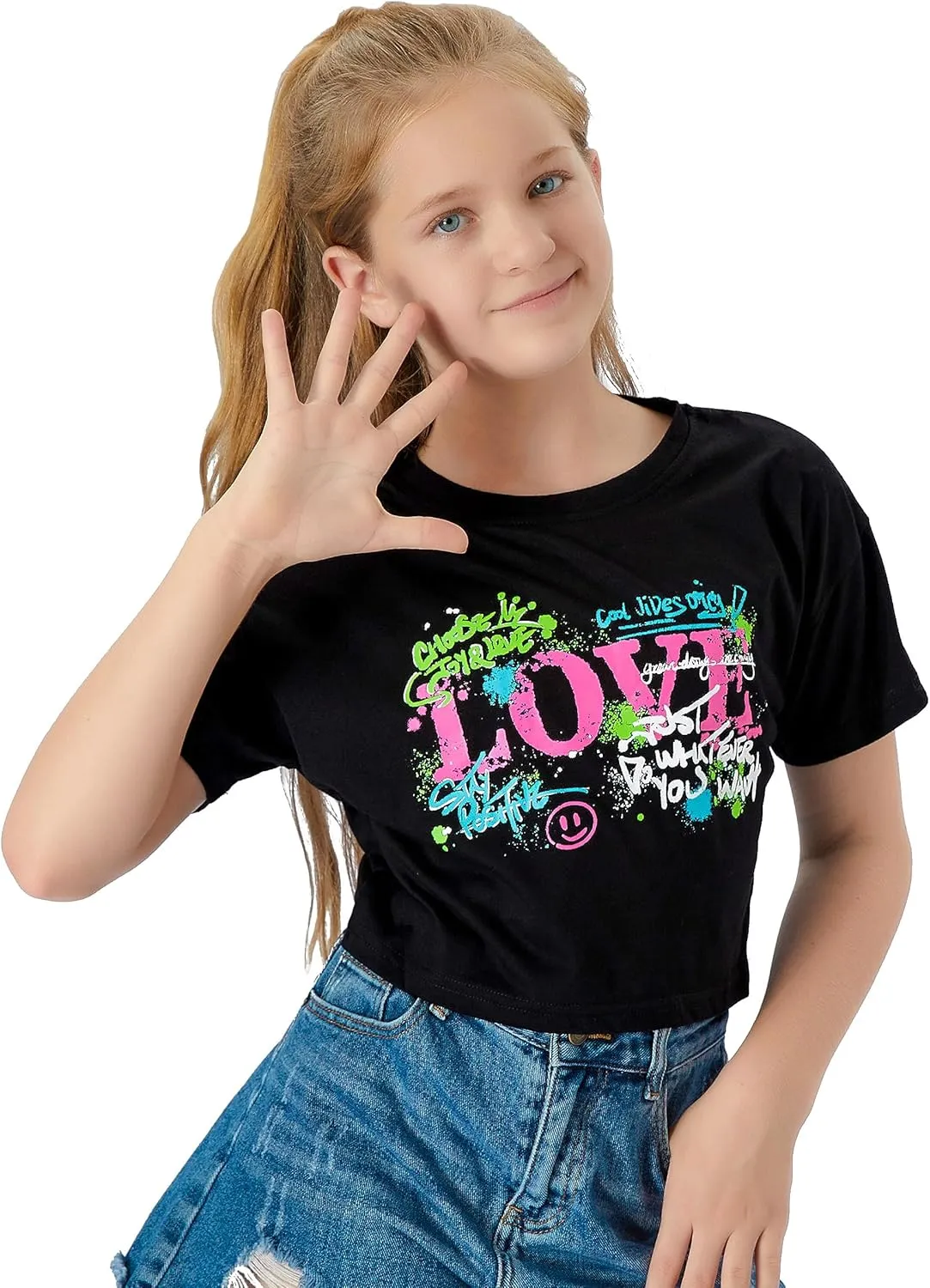 Stylish Graffiti/Butterfly Graphic Crop Top for Girls -Cool Summer T-Shirt Soft Colorful 2-Pack Tees Size 6-18