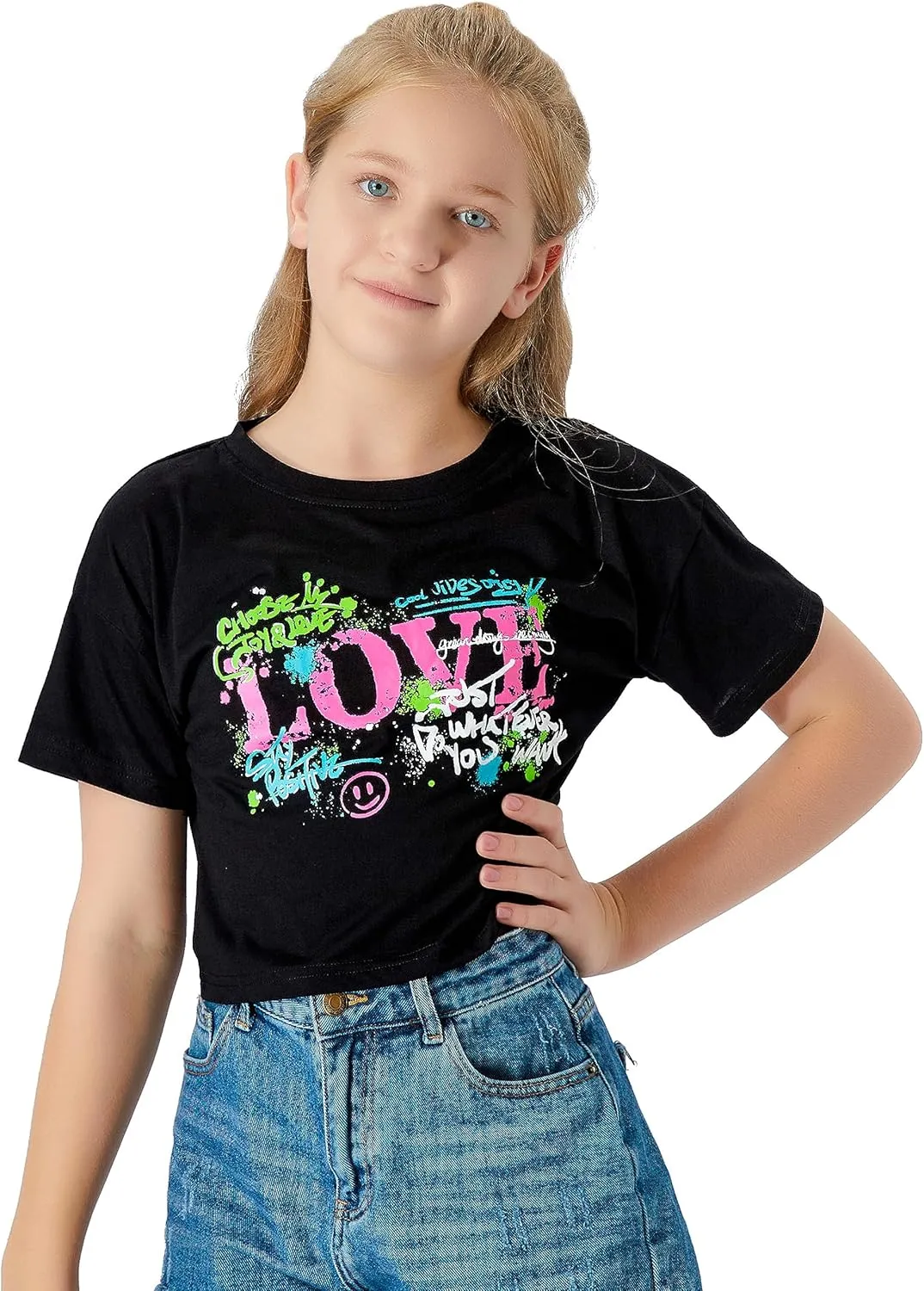 Stylish Graffiti/Butterfly Graphic Crop Top for Girls -Cool Summer T-Shirt Soft Colorful 2-Pack Tees Size 6-18