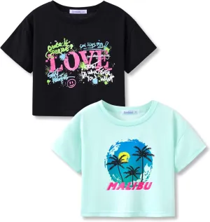 Stylish Graffiti/Butterfly Graphic Crop Top for Girls -Cool Summer T-Shirt Soft Colorful 2-Pack Tees Size 6-18