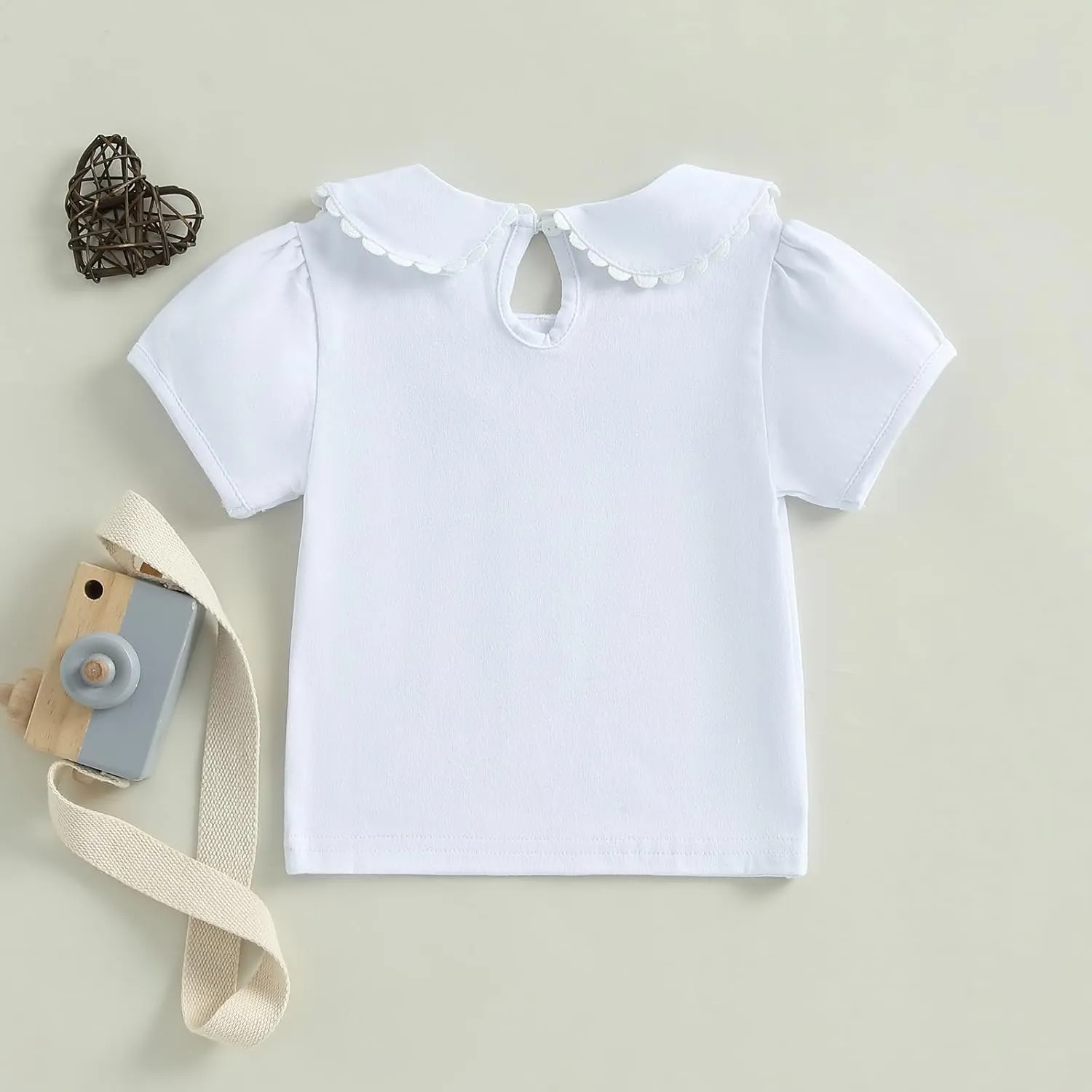 Toddler Baby Girls Ruffle Doll Collar Shirt Puff Short Sleeve Basic Solid Color Top Blouse Tee