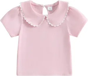 Toddler Baby Girls Ruffle Doll Collar Shirt Puff Short Sleeve Basic Solid Color Top Blouse Tee