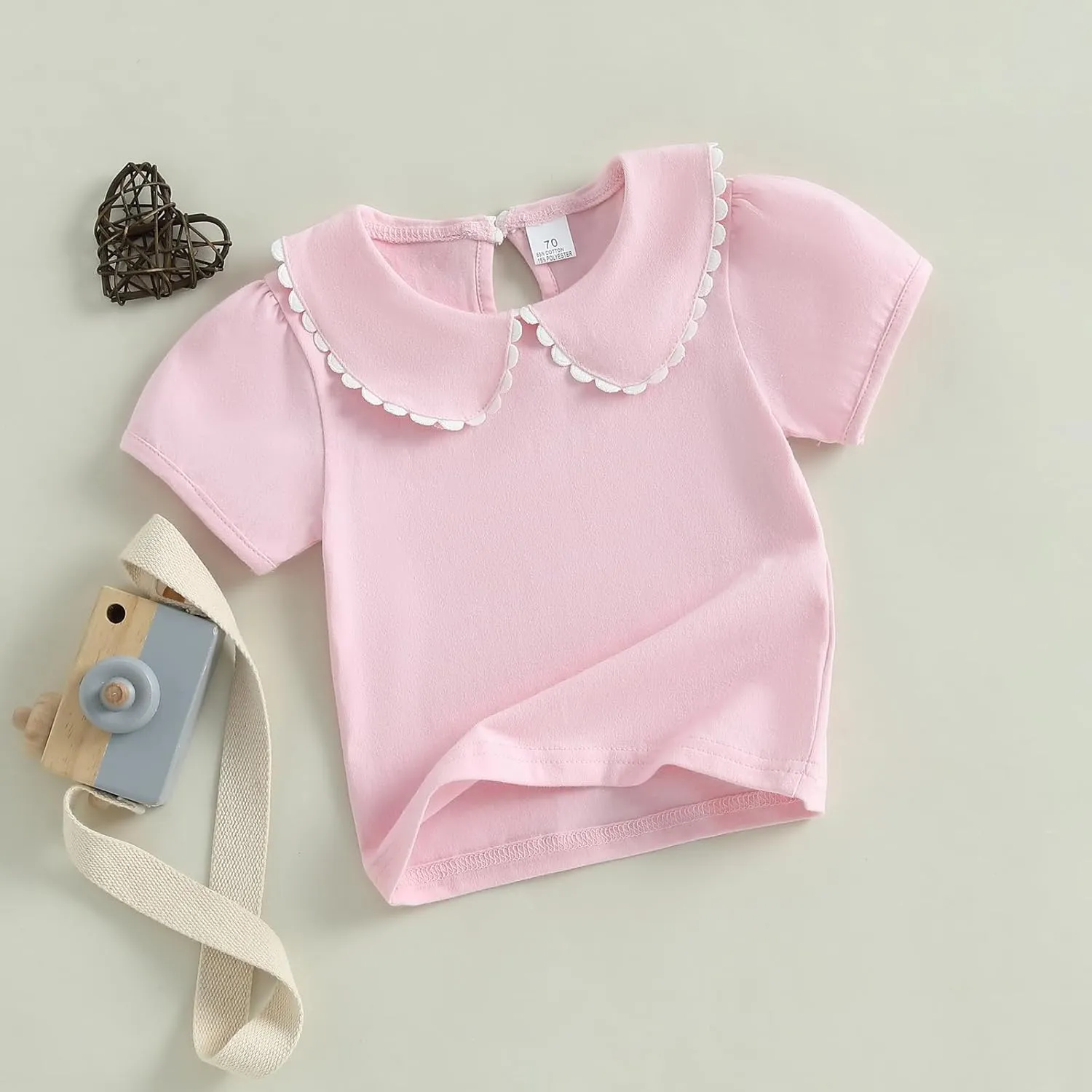Toddler Baby Girls Ruffle Doll Collar Shirt Puff Short Sleeve Basic Solid Color Top Blouse Tee