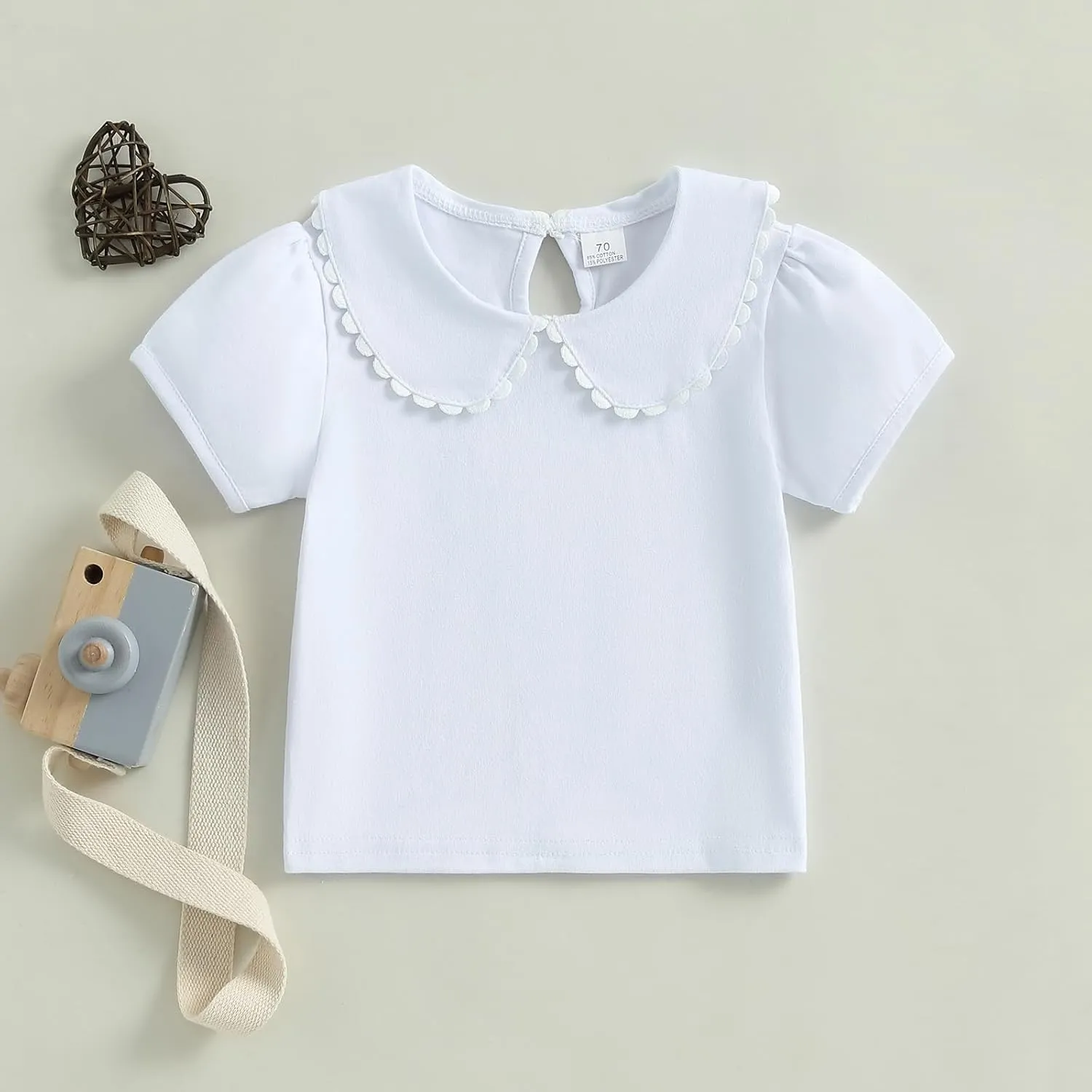 Toddler Baby Girls Ruffle Doll Collar Shirt Puff Short Sleeve Basic Solid Color Top Blouse Tee