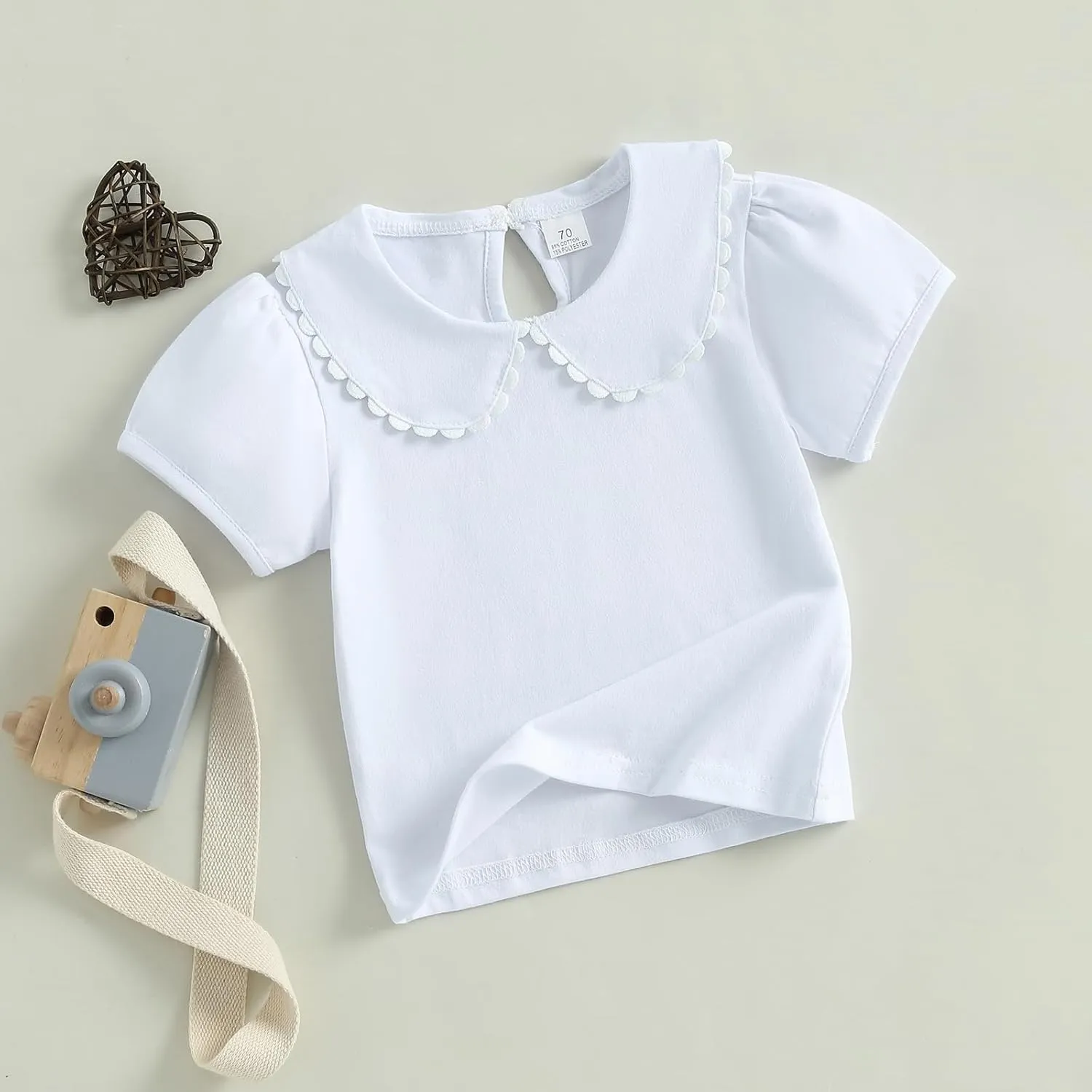 Toddler Baby Girls Ruffle Doll Collar Shirt Puff Short Sleeve Basic Solid Color Top Blouse Tee