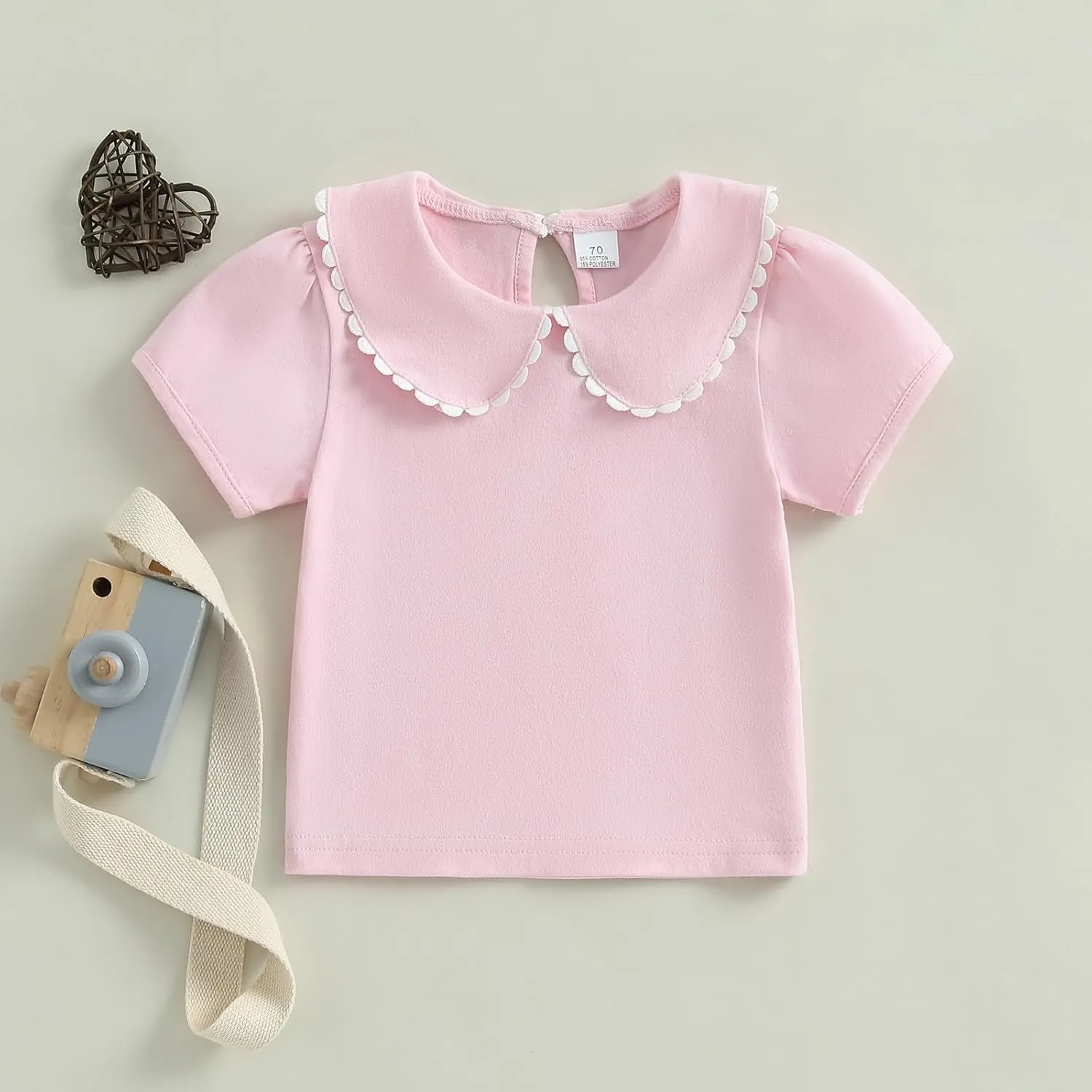Toddler Baby Girls Ruffle Doll Collar Shirt Puff Short Sleeve Basic Solid Color Top Blouse Tee