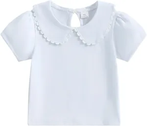 Toddler Baby Girls Ruffle Doll Collar Shirt Puff Short Sleeve Basic Solid Color Top Blouse Tee