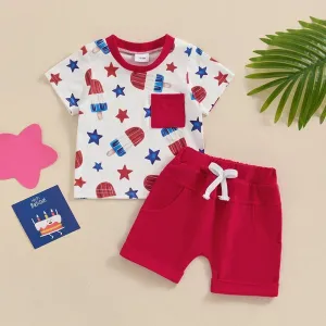 Toddler Boy 2Pcs 4th of July Outfit Star Popsicle Print Short Sleeve Top with Pocket   Elastic Waist Shorts Independence Day Set