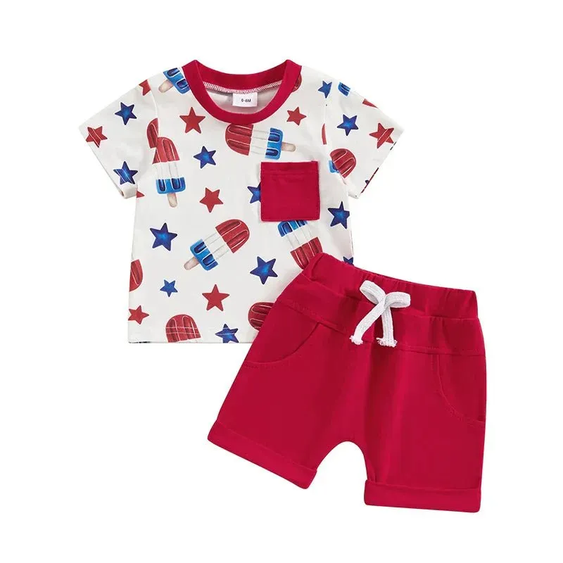Toddler Boy 2Pcs 4th of July Outfit Star Popsicle Print Short Sleeve Top with Pocket   Elastic Waist Shorts Independence Day Set
