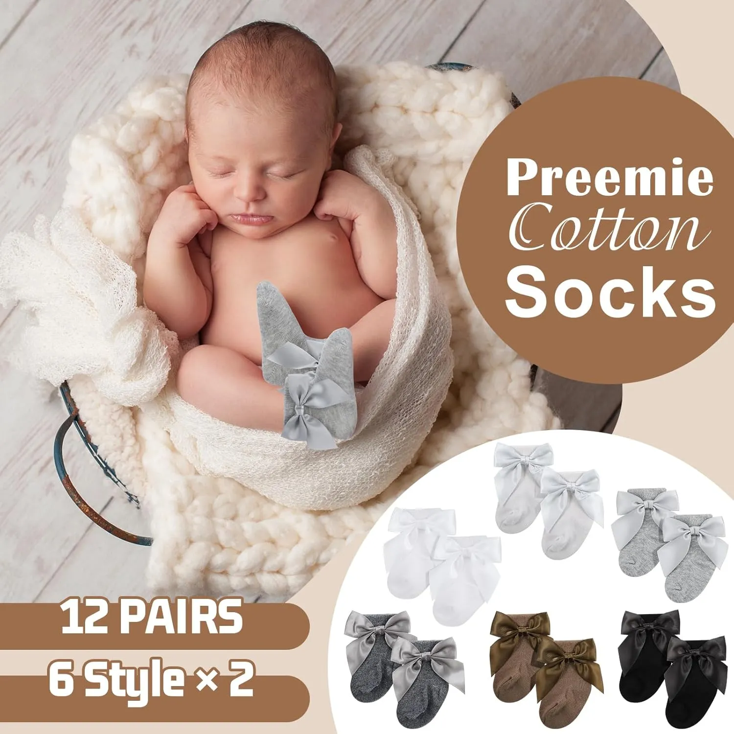 Toulite 12 Pairs Preemie Socks Baby Girls Boys Premature Ruffle Turn Cuff Cotton Sock Hospital NICU for Newborn