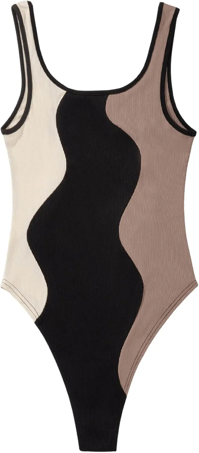 Verdusa Women's Color Block Scoop Neck Sleeveless Skinny Tank Bodysuit Top