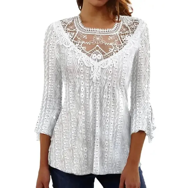 White Lace accent Blouse, 3/4 sleeve