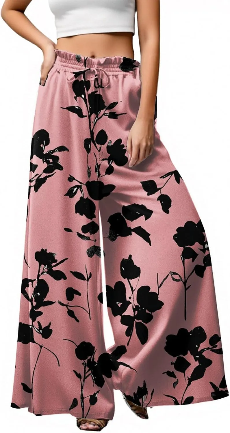 Wide Leg Pants Woman Palazzo Floral Dress Pants Flowy High Waisted Summer 2025 Beach Boho Trousers with Pockets