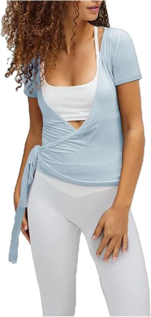 Women Short Sleeve Tie Wrap Top Y2K V Neck Cross Wrap Yoga Crop Top Slim Fit Tie Front Workout Ballet Shirt