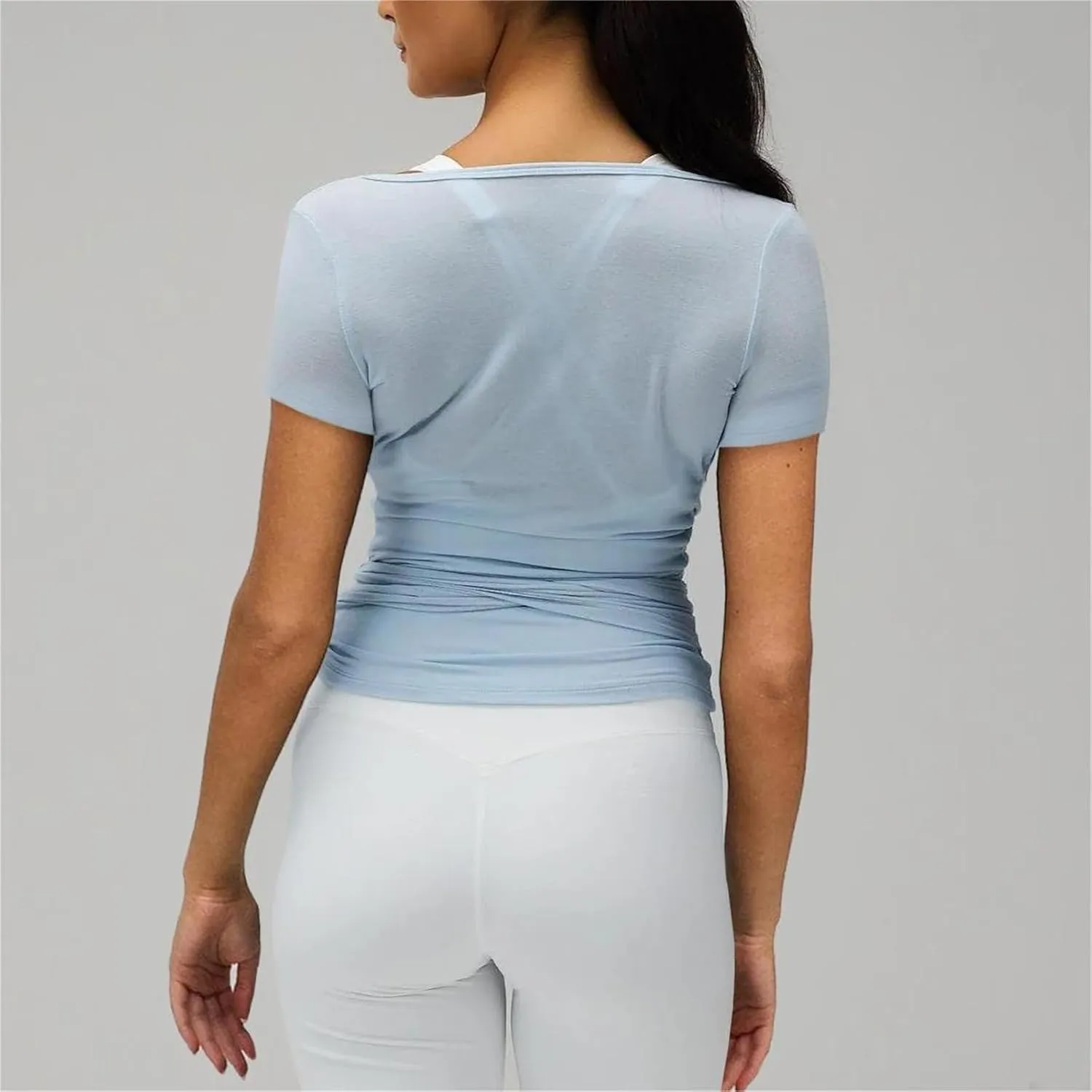 Women Short Sleeve Tie Wrap Top Y2K V Neck Cross Wrap Yoga Crop Top Slim Fit Tie Front Workout Ballet Shirt