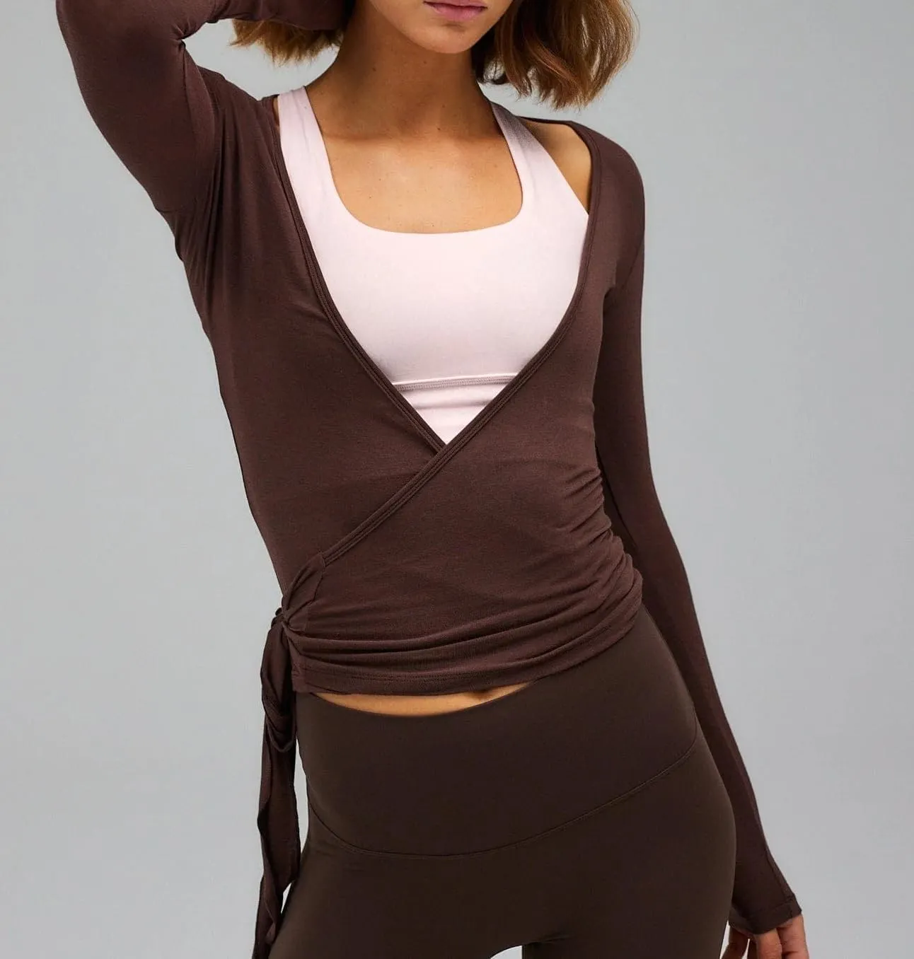 Women Wrap Yoga Shirts Long Sleeve Deep V Neck Tie Front Workout T Shirts Casual Slim Fit Sports Active Tops